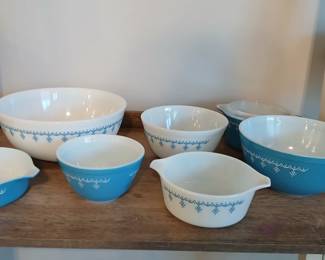 Blue snowflake Pyrex collection (more not pictured)