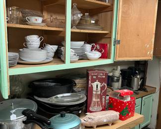 China, pots, pans, serving dishes and utensils, coffee makers, etc.
