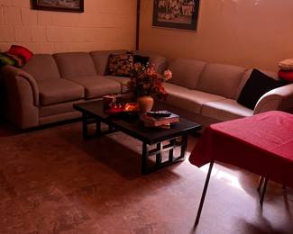 Sofas, black coffee table, folding table and chairs