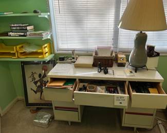 Desk and various desk supplies.   Mid-century Lamp and shade.