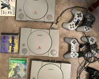 PlayStations, controllers and games.