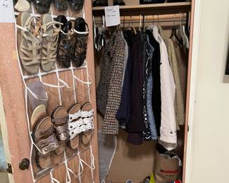 Woman's shoes, jackets, dress clothes.  Men's jeans and hoodies.