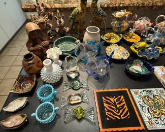 BIRDS SOLD,ITALIAN POTTERY FISH, GREEN DISH,GLASS CANDY SOLD