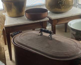 Brass + Copper planters; marble end tables;