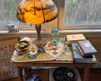 Art glass table lamp and wood side table. 