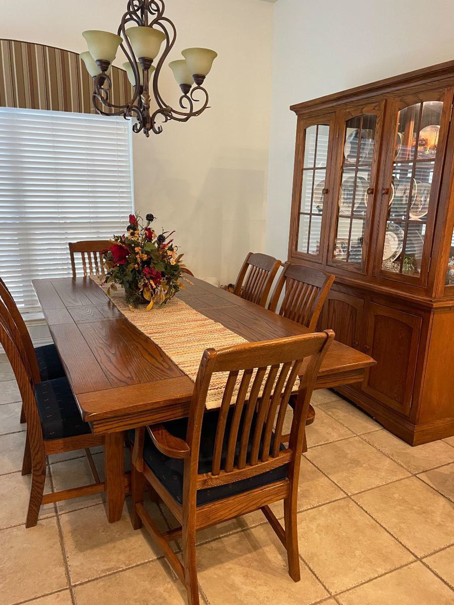 Mission Style Dining Table, Six Chairs and leaf. China Hutch