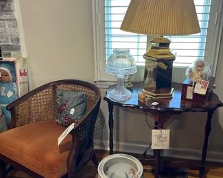turtle top table, brass lamp, dolls
