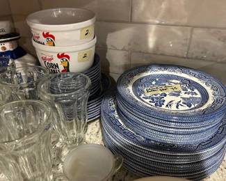 blue willow, sundae glasses Kelloggs bowls