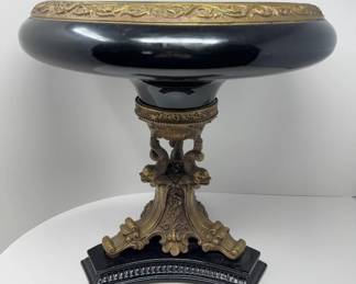 Black Stone & Gold Metal Pedestal Compote Bowl, Ornate Scrollwork Base	