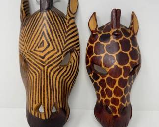 Safari-Themed Hand-Carved Wood Wall Hangings – Giraffe & Zebra Masks	