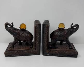 Large Elephant Bookends – Ornate Handcrafted Design w/ Amber Orbs	