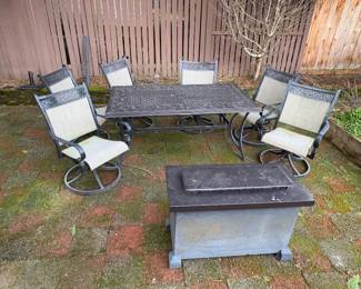 Outdoor Patio Dining Set w/ Fire Pit – Table & 6 Chairs	