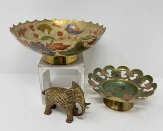 Cloisonné-Style & Ornate Décor – Pedestal Bowls & Elephant Figurine	