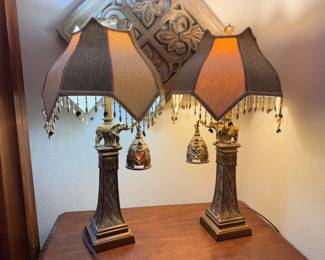 Pair of Ornate Elephant Table Lamps, Vintage-Inspired w/ Beaded Shades	