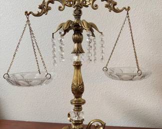 Gold-Tone Metal & Crystal Decorative Scale of Justice w/ Stone Base	