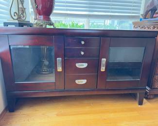 Solid Wood Modern Media Cabinet w/ Glass Doors & Storage Drawers	