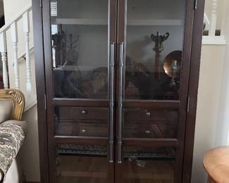 Dark Wood Glass Display Cabinet – Storage Shelves & Drawers	
