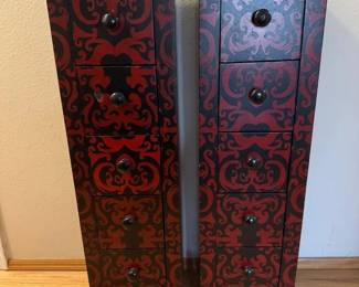 Pair of Slim Narrow Chest Cabinets – Red & Black Asian-Inspired Design	