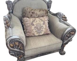 Baroque-Style Armchair – Rose Carved Wood, Silver & Gold Accents	