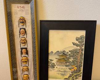 Korean Hahoe Mask Display & Japanese Kinkakuji Print	