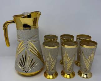 Gold & Glitter Textured Pitcher w/ 6 Matching Glasses	