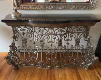 Elegant Metal Scroll Console Table w/ Black Decorative Top	