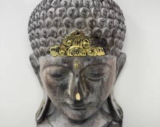 Very Large Vintage Carved Buddha Head Sculpture w/ Gold Accents	