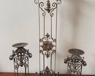 3 Ornate Metal Candle Holders – Vintage Scrollwork w/ Gold Accents	