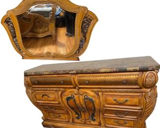 Michael Amini Signature Series AICO Dresser w/ Stone Top & Mirror	