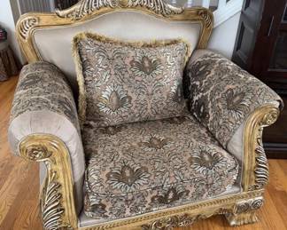 Baroque-Style Armchair – Gold-Tone Carved Wood Frame Floral Upholstery	