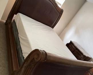Queen Sleigh Leather Bed Frame & Memory Foam Mattress w/ Cover	