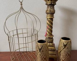 Gold-Tone Decorative Set: Birdcage, Candle Holder & Embossed Vases	