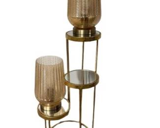Gold-Tone 3-Tier Mirrored Plant Stand w/ 2 Amber Glass Lamps	