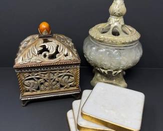 Eclectic Decorative Set: Trinket Box, Glass Jar & Stone Coasters	