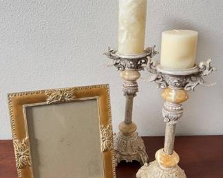 Pair of Heavy Stone-Inlay Candlesticks w/ Matching Ornate Frame	