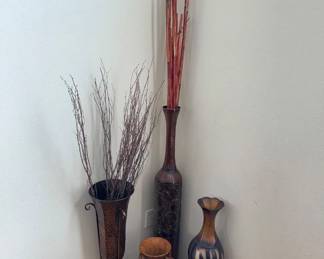 Tall Decorative Vase Collection w/ Branches – Mixed Materials & Styles	