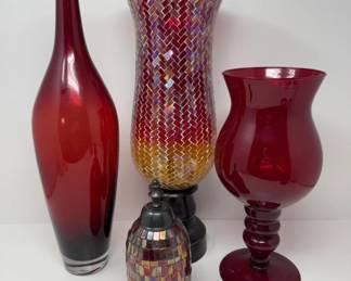 Ruby Red & Mosaic Glass Decorative Accents - Vase & Candle Holders	