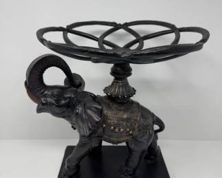 Sculpted Elephant Pedestal Bowl – Composite Resin w/ Gold Accents	