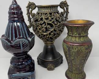 Eclectic Vase/Urn Trio - Ceramic Glazed & Resin Sculpted Designs	