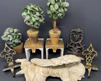 Greenhouse Charm Décor – Angel Figurine, Ornate Hooks & Topiary Set	