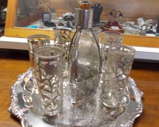 Sterling Silver Overlay Decanter w 6 Matching Glasses