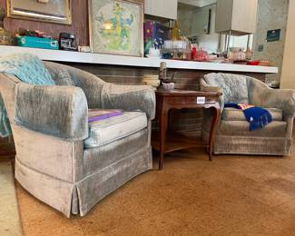 Blue Velvet Chairs, Baskets, Scarves, John Widdicomb French Style End Table