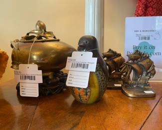 Polished Bronze Peach Incense Burner, Aldo Londi Style Ceramic Penguin, Brass Ship Bookends