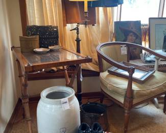 Large Cement Crock, Cane Top Table Louis Xvi Chairs