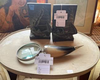 Pair of Bronze Sailboat Book Ends, Vintage Horn Handle Magnifying Glass