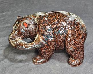 Vintage Terracotta Bear with a Fish Coin Bank