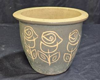 Green Glazed Pottery Flower Pot with Etched Roses