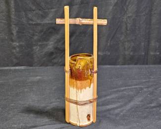 Water Carrier Pottery Vase with Bamboo Holder