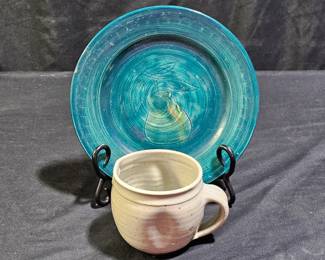 Pinched Grey Pottery Mug & Teal Pear Pottery Plate
