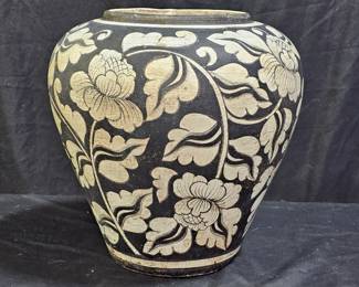 Extra Large Black & White Floral Pottery Vase